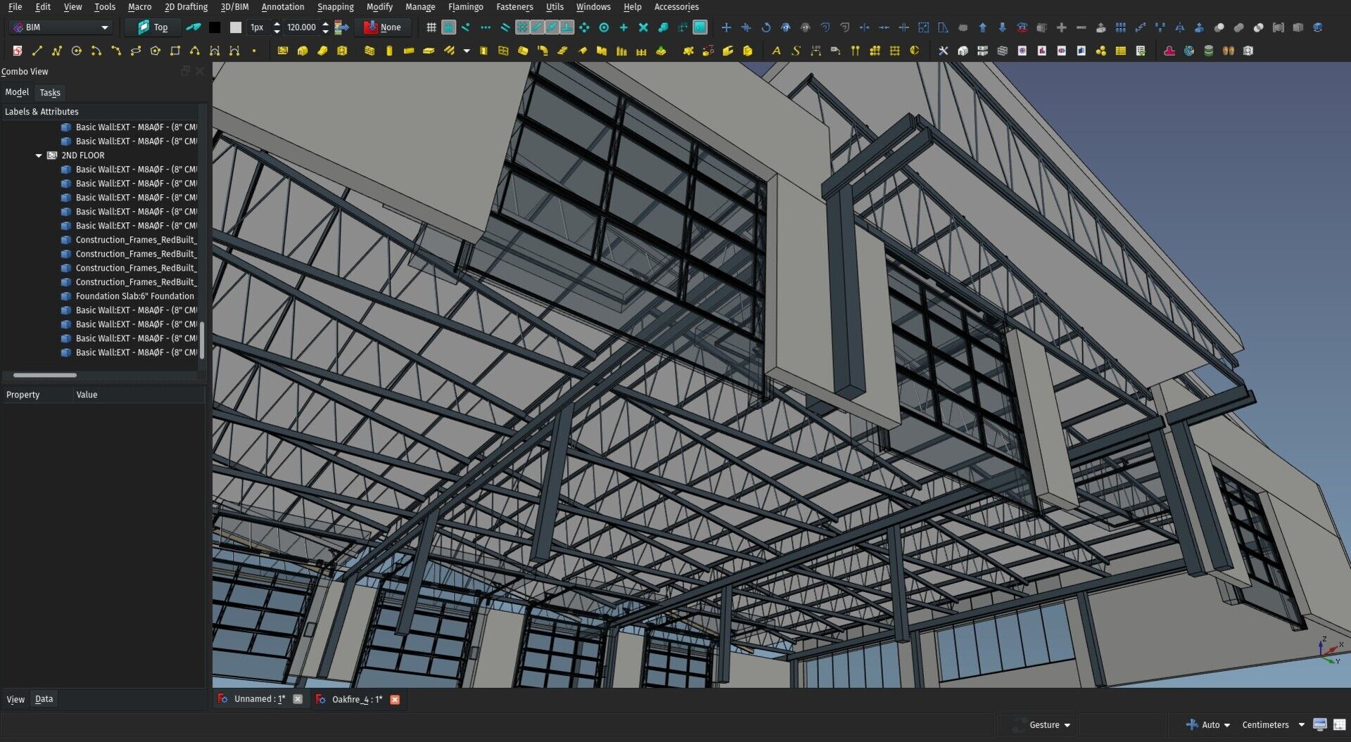 screenshot of the FreeCAD 3D view showing a building being
modelled
