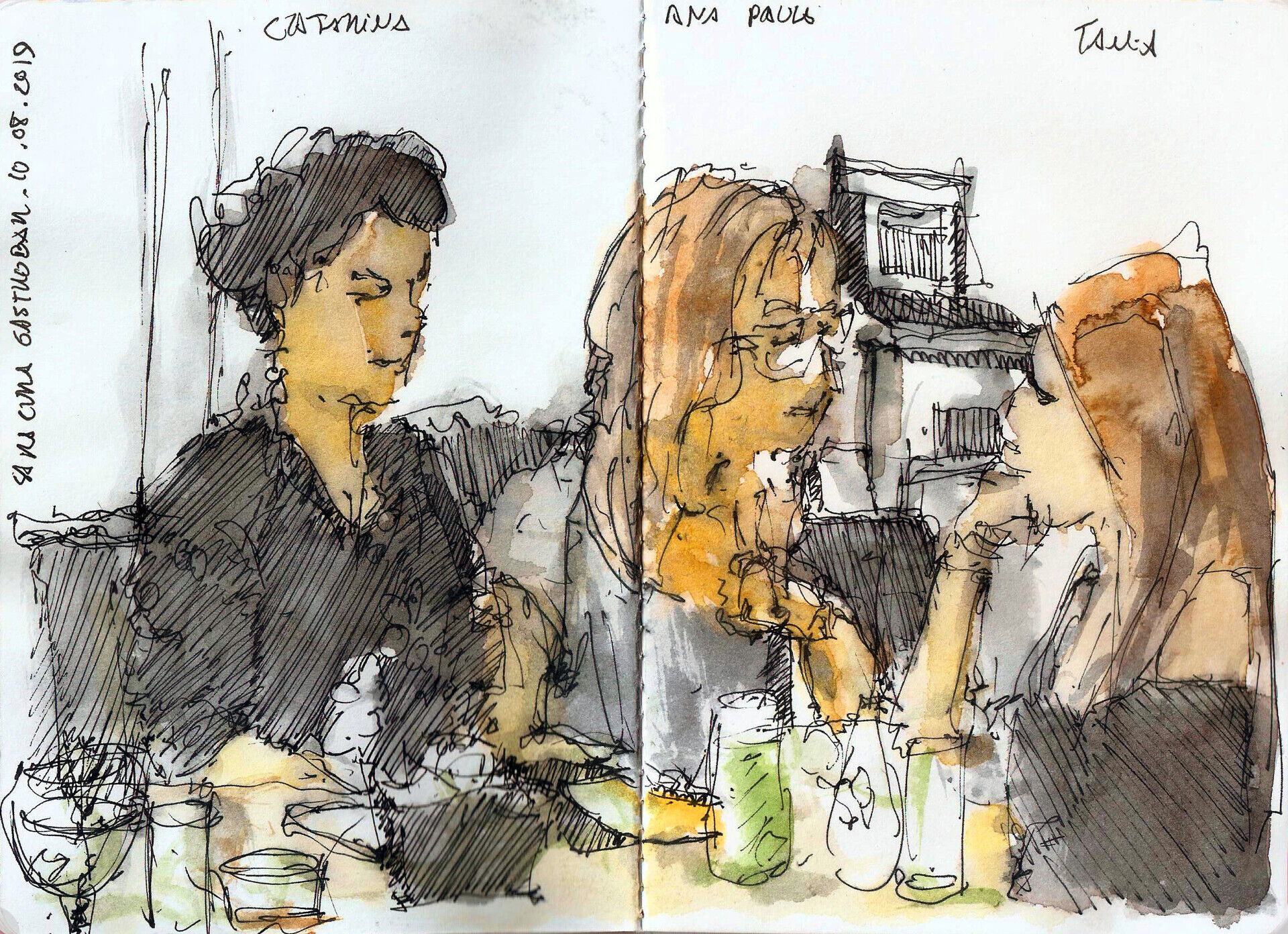 Drawing of friends at a bar