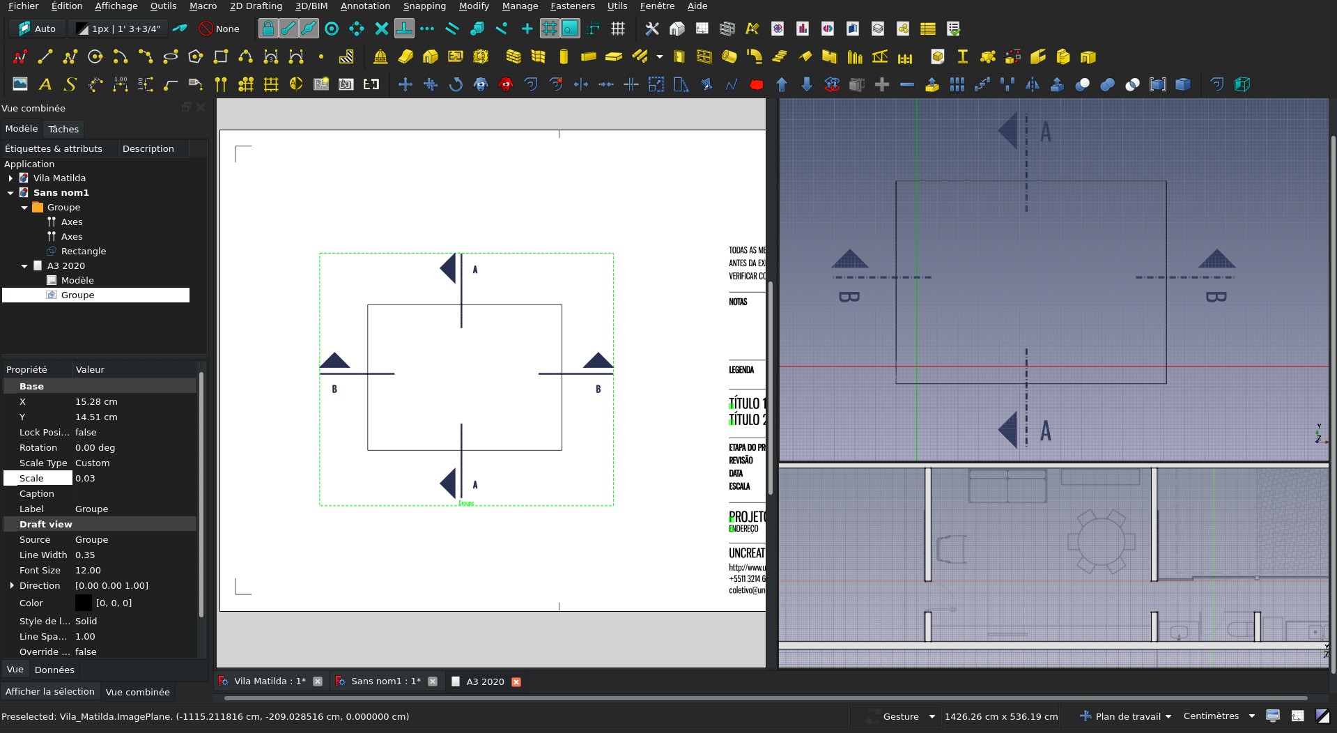 a screenshot of FreeCAD showing section marks rendered in the 3D view and on a TechDraw page