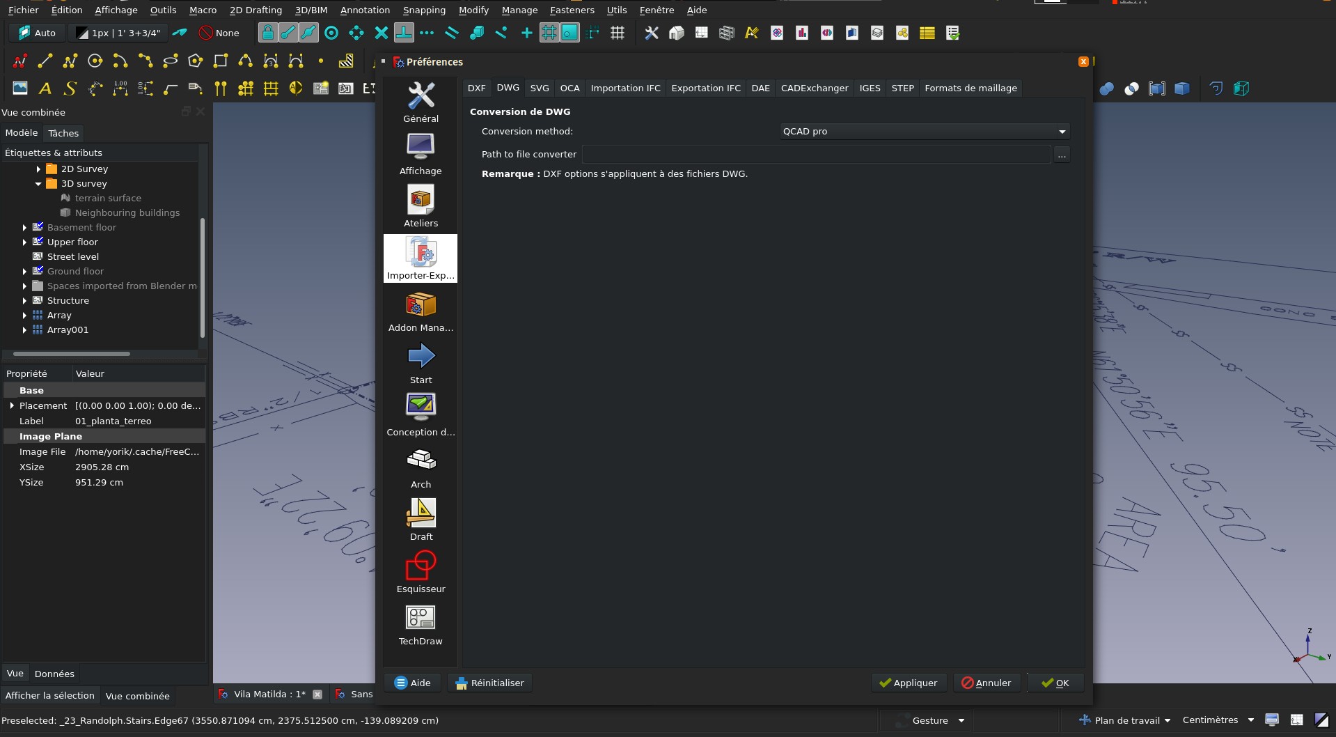 a screenshot of FreeCAD showing the DWG preferences screen