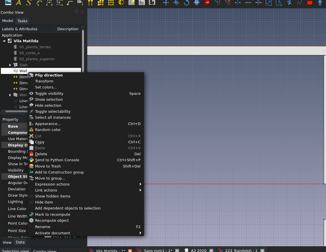 a screenshot of FreeCAD showing the new option in right-click menu of walls