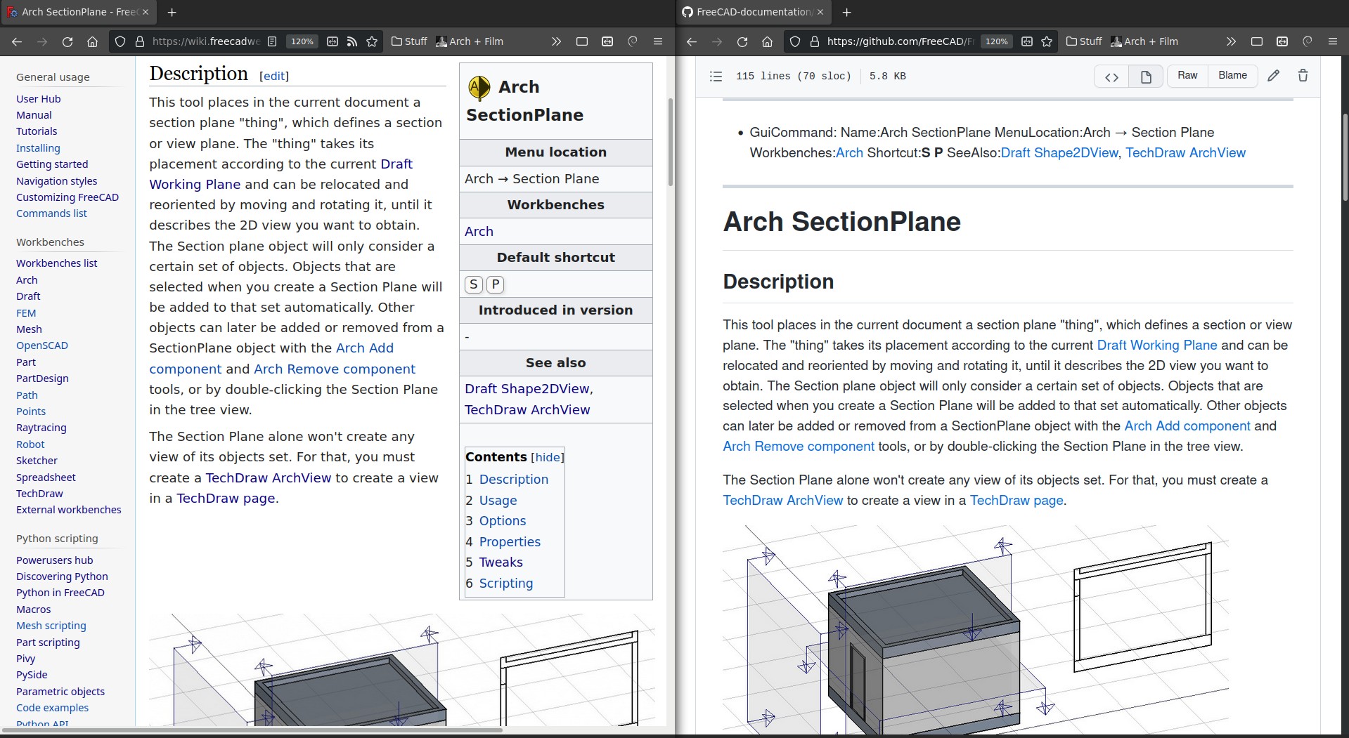 a screenshot showing the FreeCAD wiki and a markdown version side by side