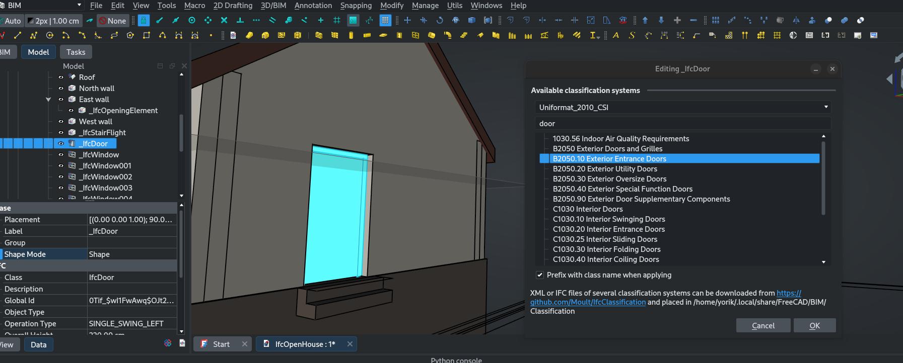 screenshot of FreeCAD showing the classification manager open, and editing an IFC object