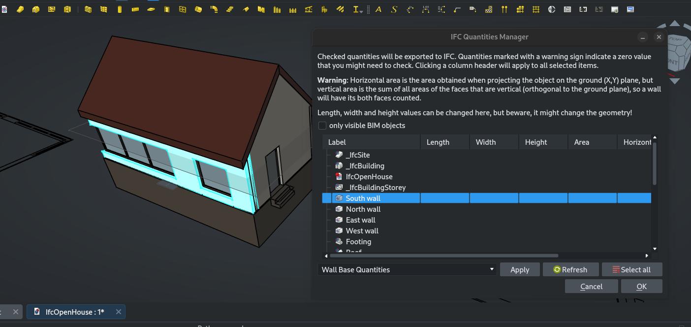 screenshot of FreeCAD with the quantities manager open, and a standard quantity set loaded