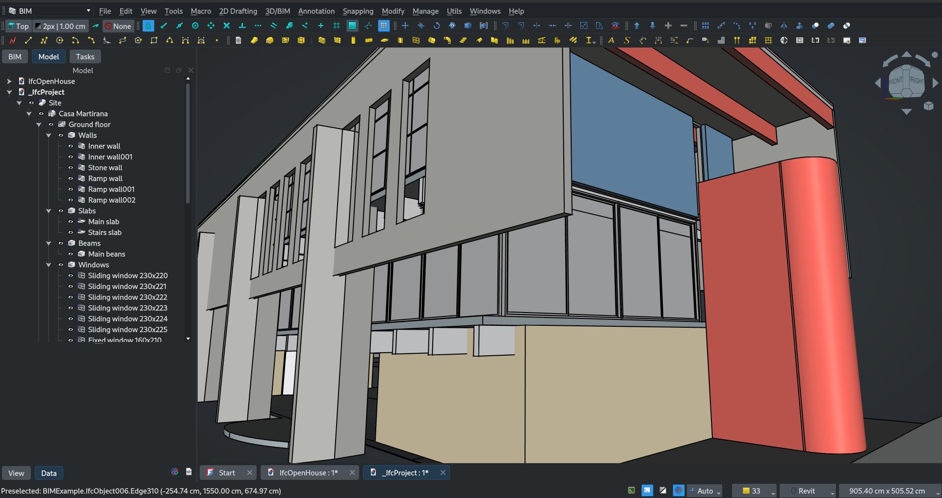 screenshot of FreeCAD with the included BIM example file opened and converted to IFC