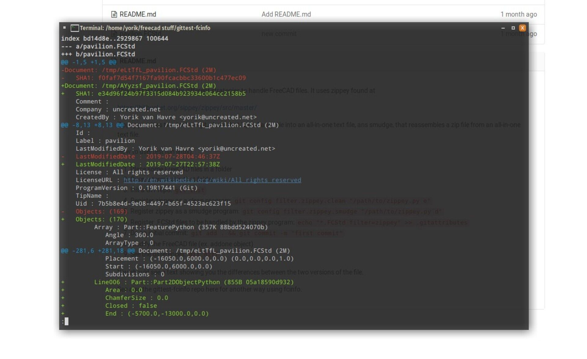 Screenshot showing diffing a FreeCAD file in the terminal