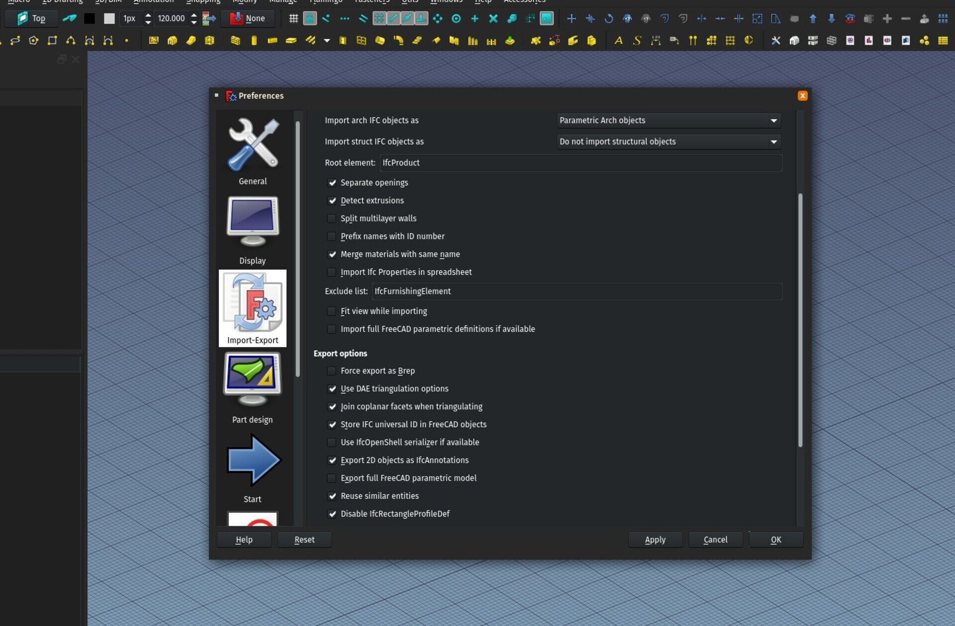 The preferences screen of FreeCAD showing the new
option