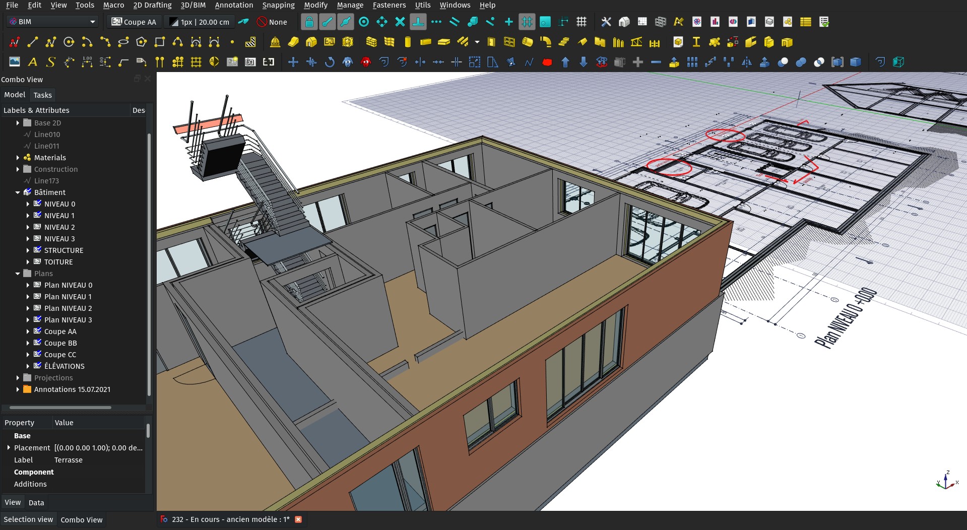 A screenshot of FreeCAD showing a BIM model next to 2D drawings extracted from it