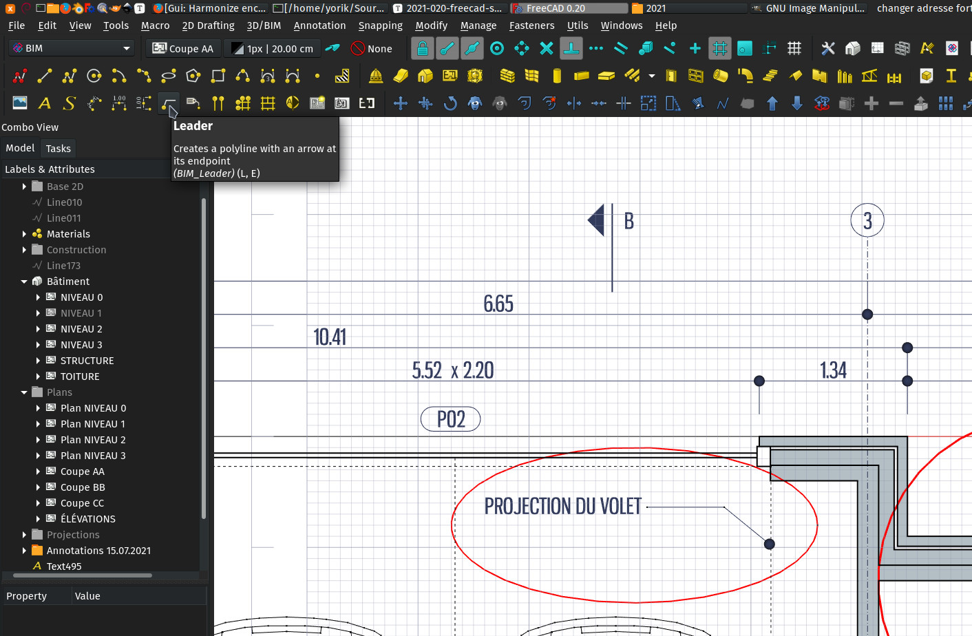 A screenshot showing the leader tool om the BIM workbench