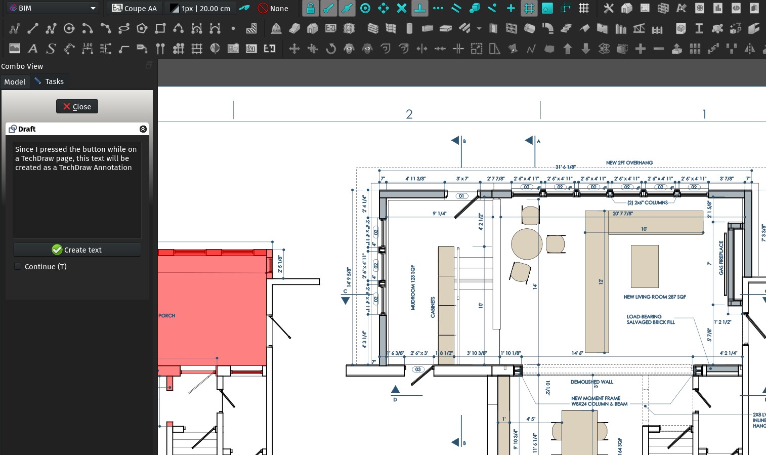 A screenshot showing the Draft text edit panel used on a TechDraw page