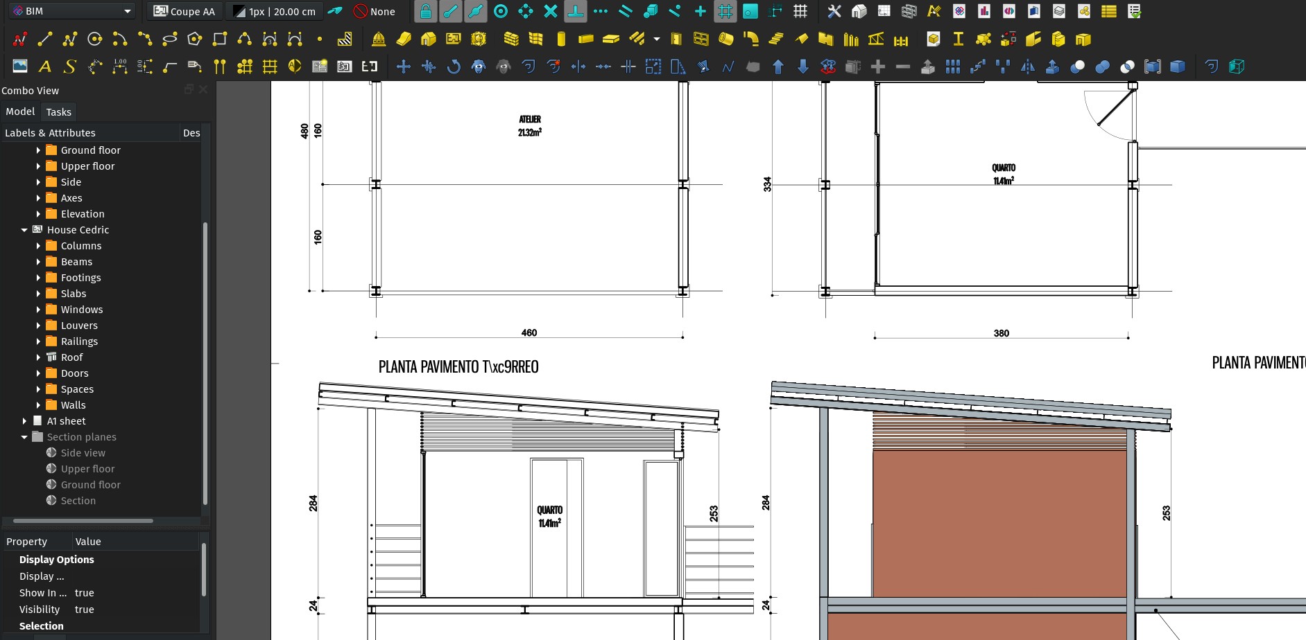 A techdraw page showing Space labels correctly positioned on section views