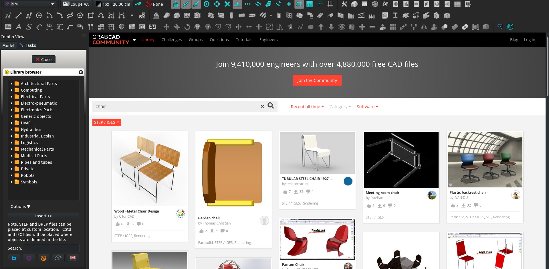 A screenshot of the BIM Library tool and a view of the grabcad library web page