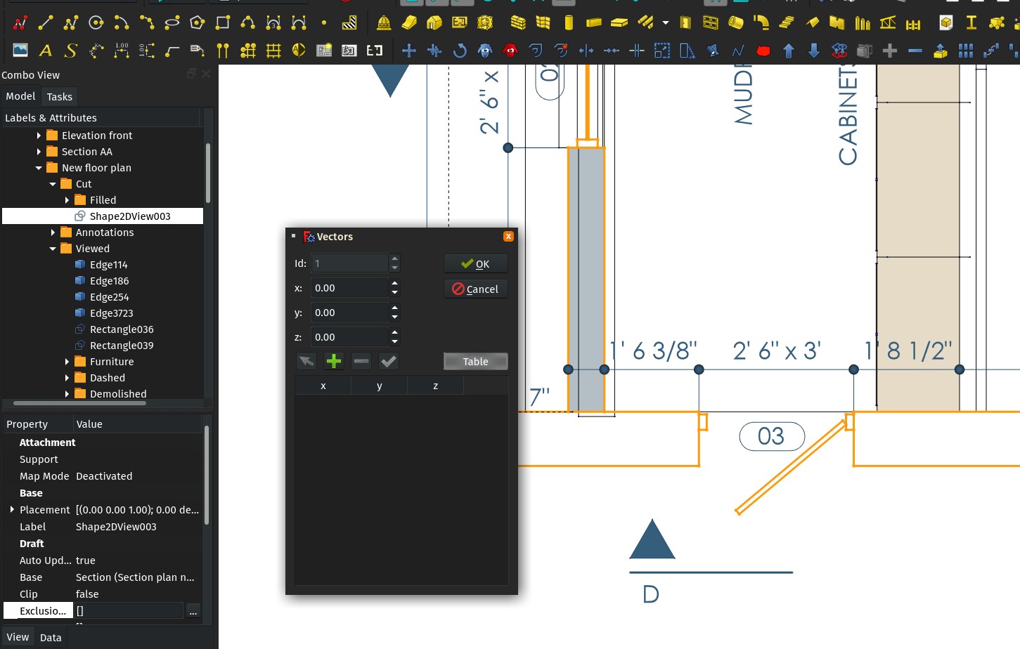 A Shape 2D view object showing the exclusion points property being edited