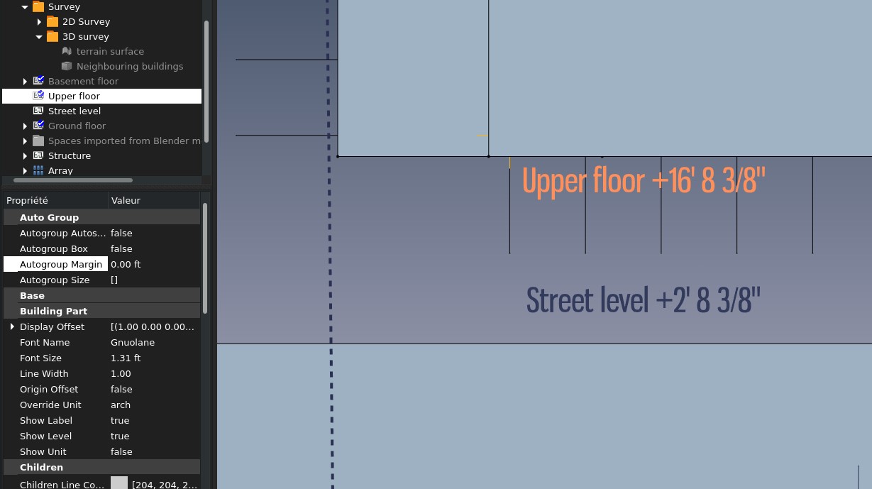 a screenshot of FreeCAD showing levels with correct arch units