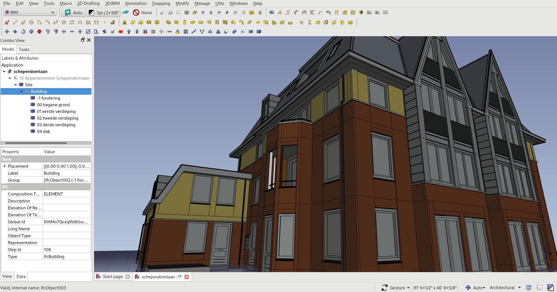 A screenshot of FreeCAD showing the schependomlaan IFC model