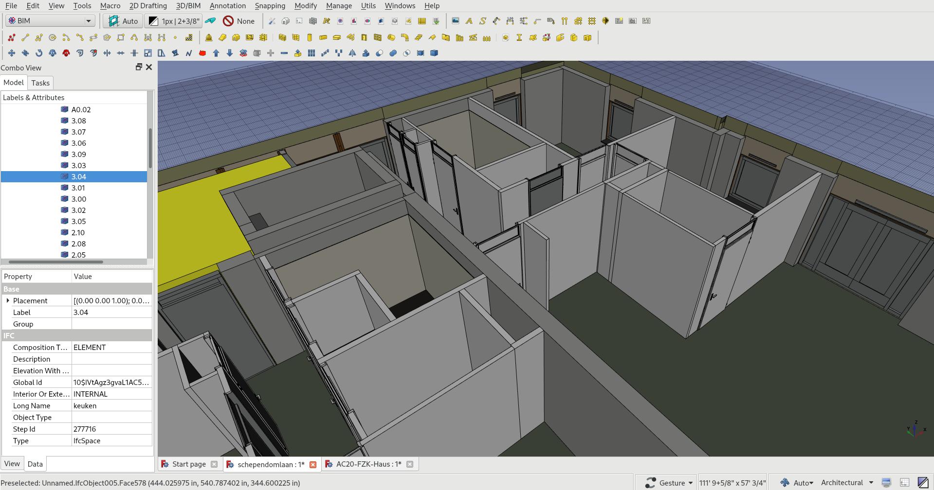 A scrrenshot of FreeCAD showing the inside of a storey of an IFC model