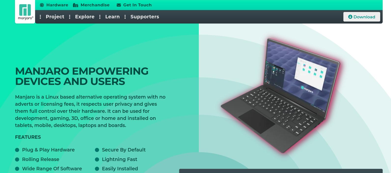 screenshot of the manjaro website