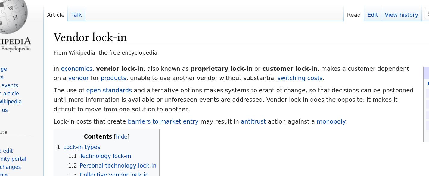 screenshot of the wikipedia page about vendor lock-in