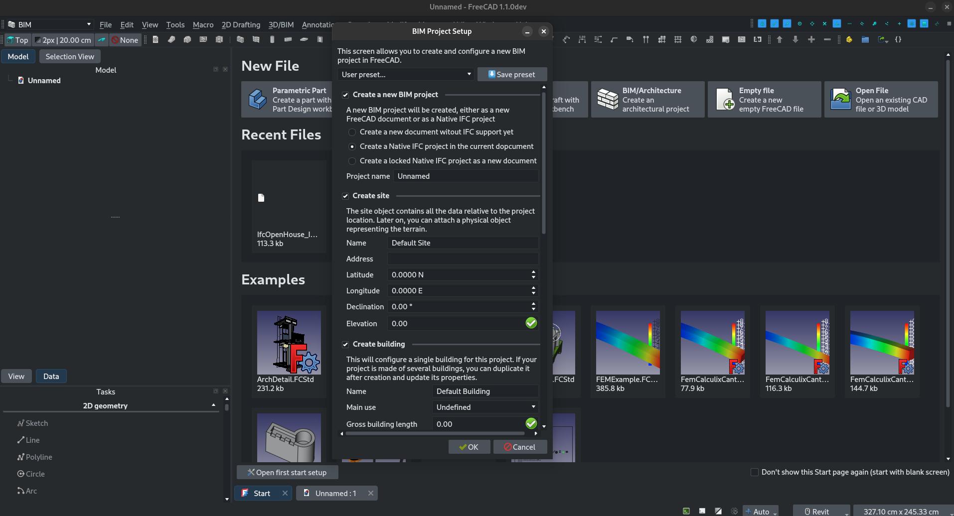 screenshot of FreeCAD showing the project manager screen