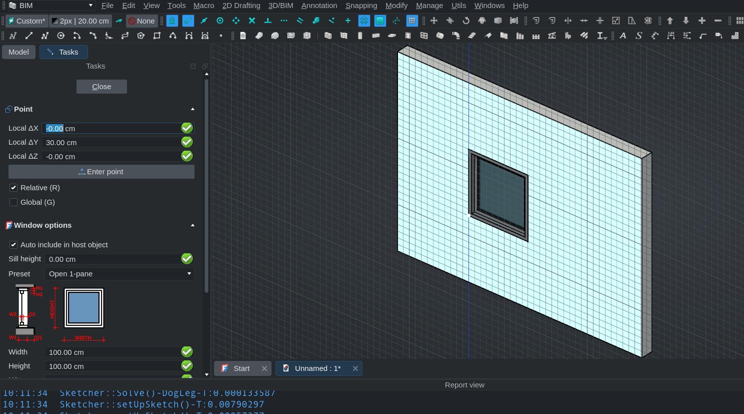 screenshot of FreeCAD showing a window being placed on a wall, with a precise working plane position