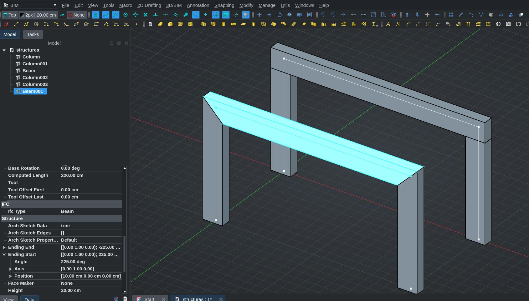 screenshot of FreeCAD showing beams and windows joined in different ways