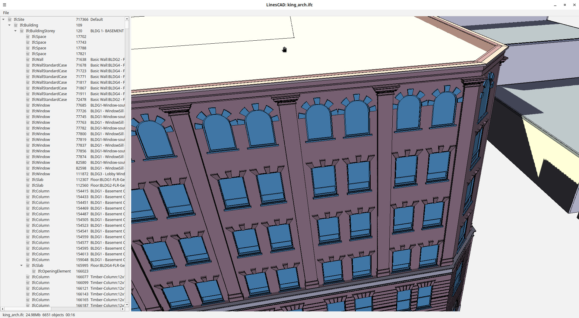 Screenshot of the LinesCAD proof of concept application, showing a 3D view with an IFC model open, and a tree view with the model contents